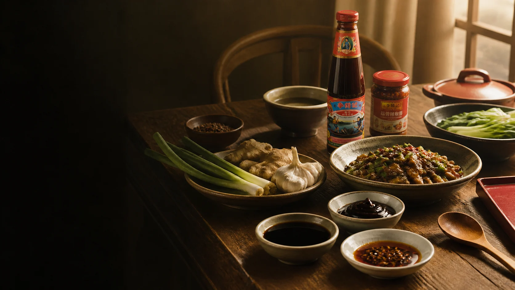摆放李锦记蚝油与酱料产品的中国家庭餐桌