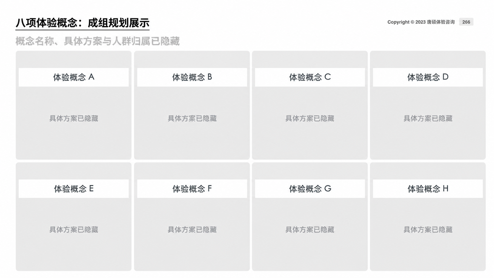 17 项体验概念中的 8 项节选，具体方案已隐藏