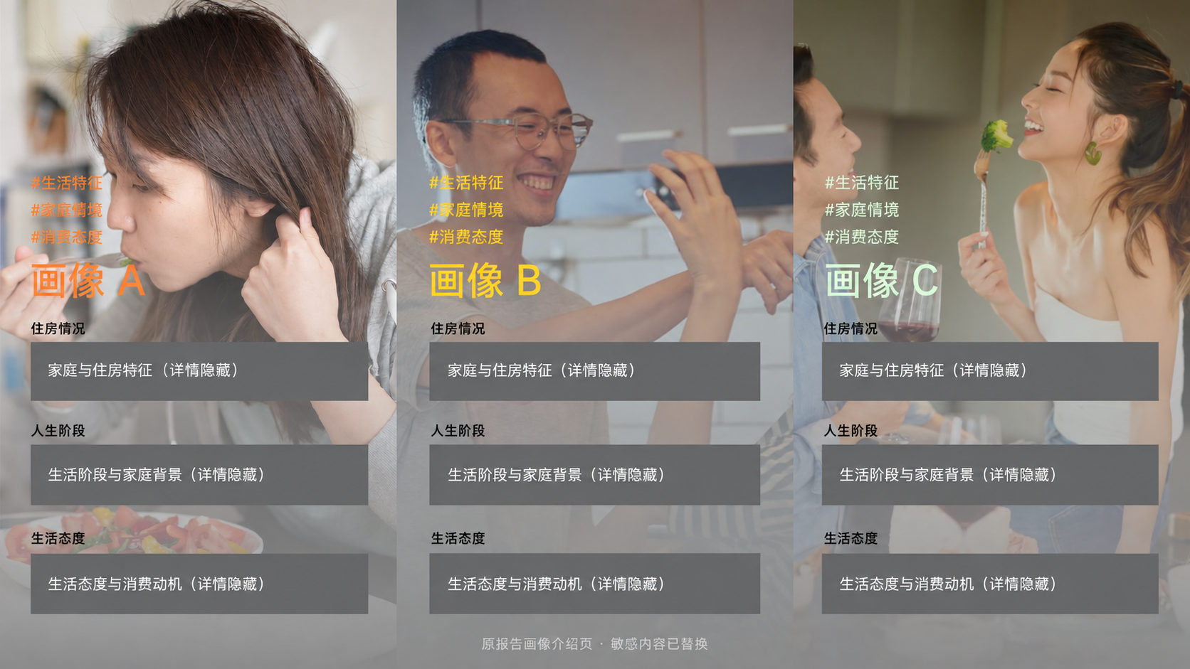 原报告第17页画像介绍，敏感内容已替换；右图按画像B分析页版式制作虚构数据示意